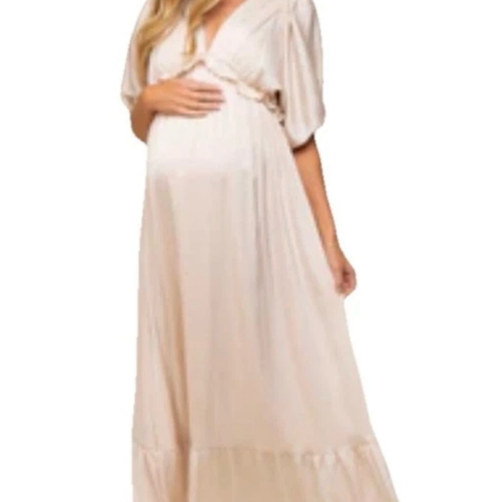 Beige Striped Ruffle Accent Maternity Maxi Dress